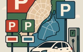 Illustration af en hvid elbil tilsluttet en ladestation foran et bykort, omgivet af farvede P-parkeringsskilte i rød, grøn og blå.