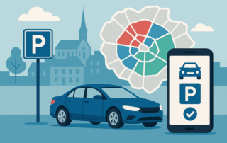 Illustration af en blå bil parkeret ved et parkeringsskilt foran en bysilhuet, med et smartphone-display, der viser et parkeringsikon og en bekræftelsestjekmarkering, samt et farvekodet bykort over parkeringszoner.