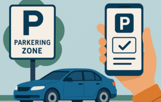 Illustration af en blå bil parkeret ved et skilt med teksten “PARKERING ZONE” foran en grøn busk og en hånd, der holder en mobiltelefon med et parkeringssymbol og et flueben på skærmen.
