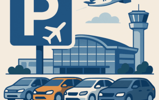 Illustration af flere parkerede biler foran en lufthavnsterminal med et stort P-skilt med flysymbol, et fly i afgang og et kontroltårn i baggrunden.